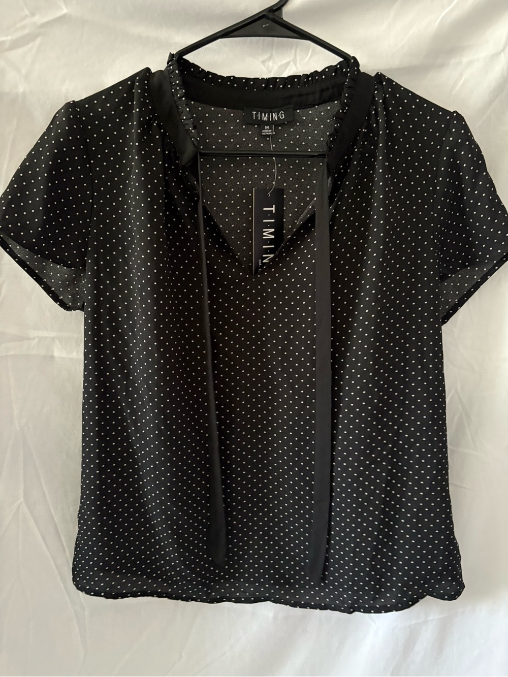 Timing Black and White Polka Dot Tie-Front Short Sleeve Blouse